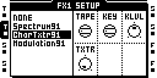 Character txtr: effect selection and setup parameters.