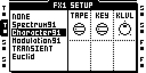 Character: effect selection and setup parameters.