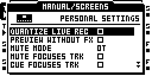 QUANTIZE LIVE REC in PERSONALIZE; REC + PLAY is the module shortcut.