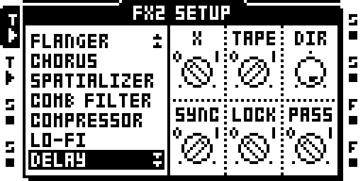 FX2 setup page with trig 1 held for parameter locking.