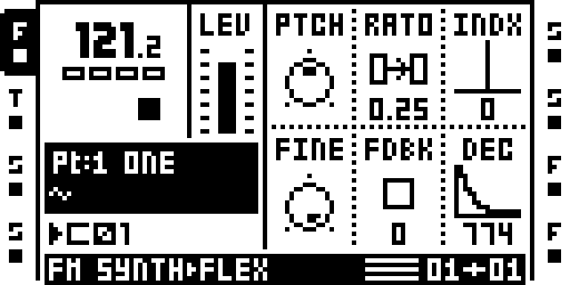 FM synth source page on a FLEX track assigned FMSYNTH.WAV.